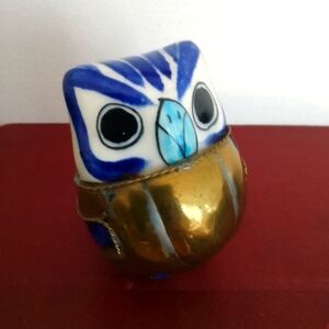 Little vintage brass ceramic mexican owl